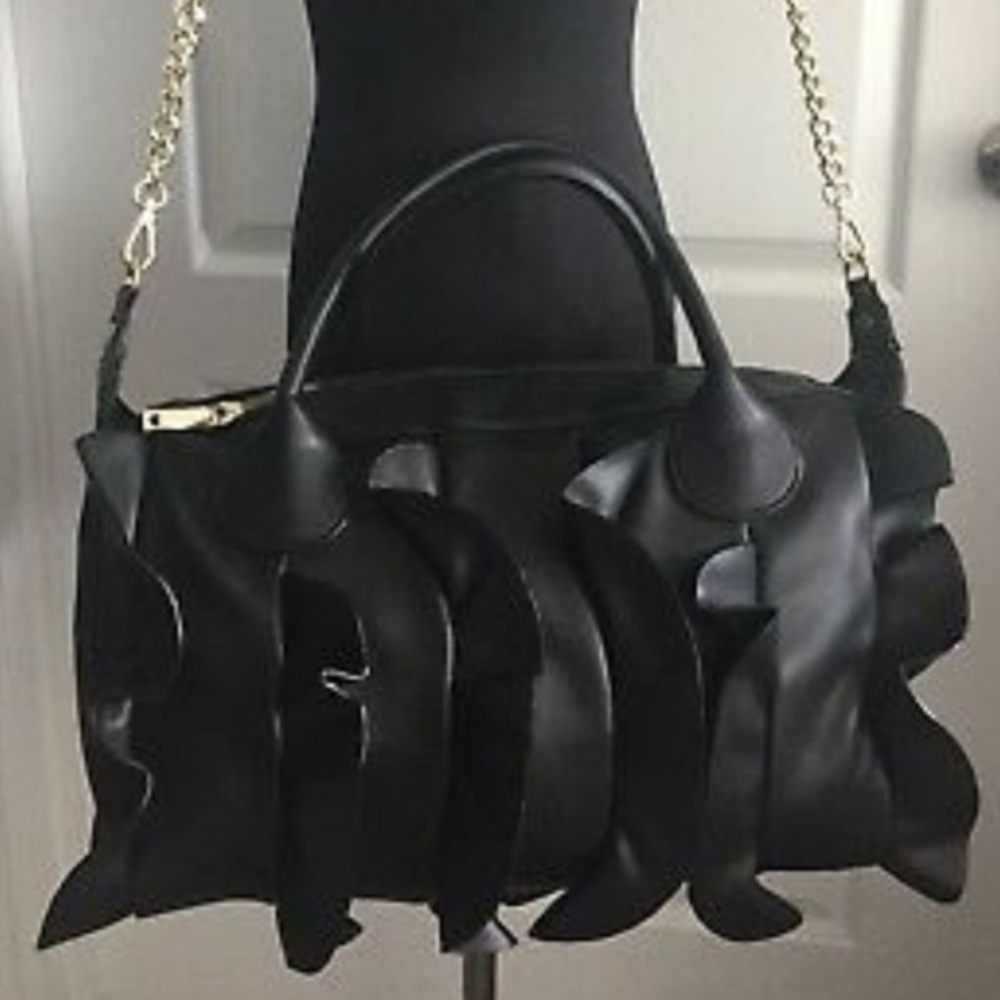 Betsey Johnson Black Ruffle Satchel Handbag Purse
